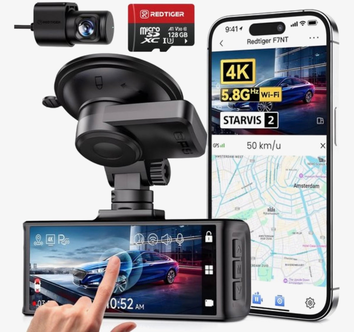 REDTIGER F7N Touch Pro – 4K Dual Dashcam met GPS, WiFi & 128GB
