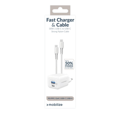 Mobilize Wall Charger Usb-C + Usb Gan 30W With Pd/Pps + Usb-C Nylon Cable 1.2M White