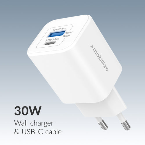 Mobilize Wall Charger Usb-C + Usb Gan 30W With Pd/Pps + Usb-C Nylon Cable 1.2M White