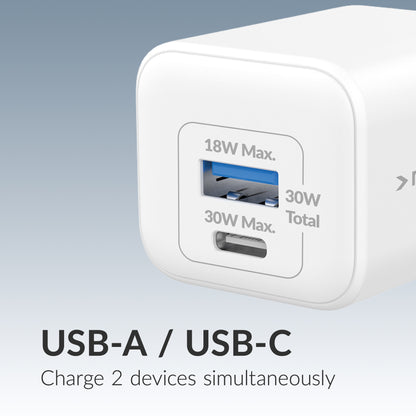 Mobilize Wall Charger Usb-C + Usb Gan 30W With Pd/Pps + Usb-C Nylon Cable 1.2M White