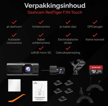 REDTIGER F7N Touch Pro – 4K Dual Dashcam met GPS, WiFi & 128GB